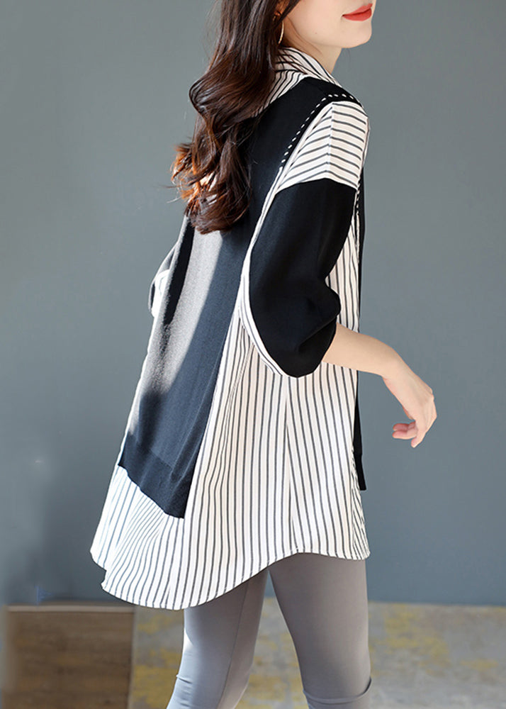 Black Striped Patchwork Low High Design Fake Two Pieces Shirt Long Sleeve
