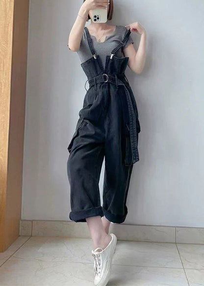 Black Tunic Pockets Denim Overalls Jumpsuit Summer