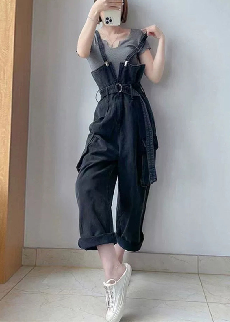 Black Tunic Pockets Denim Overalls Jumpsuit Summer