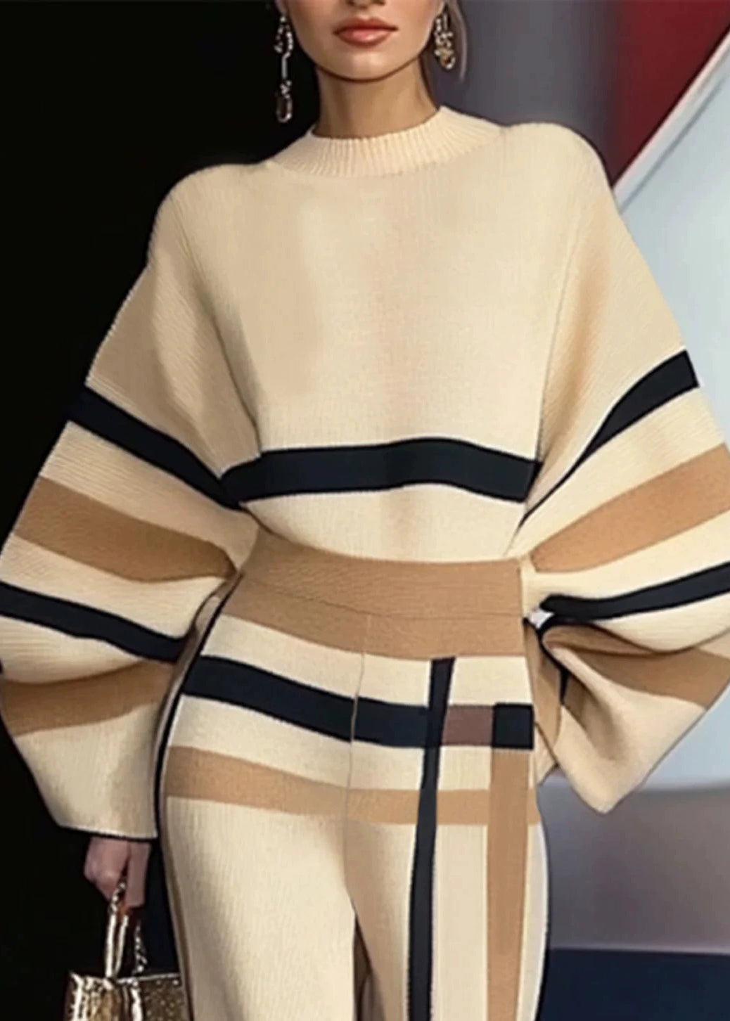 French Apricot Striped Sweaters and Pants Knit Two Pieces Set Spring
