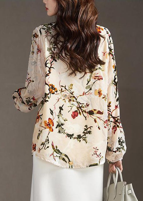 Apricot V Neck Button Print Silk Velour Shirt Spring