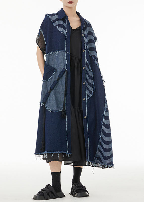 Blue Asymmetrical Patchwork Cotton Denim Long Cardigans Sleeveless