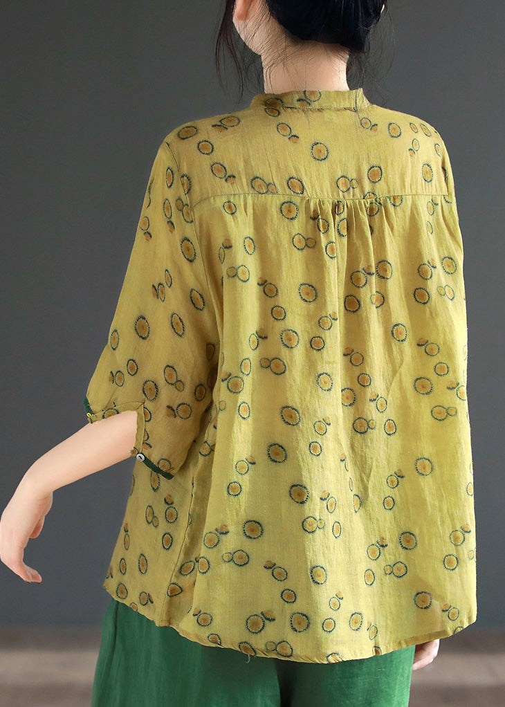 Yellow Stand Collar Print Button Ramie Shirts Half Sleeve