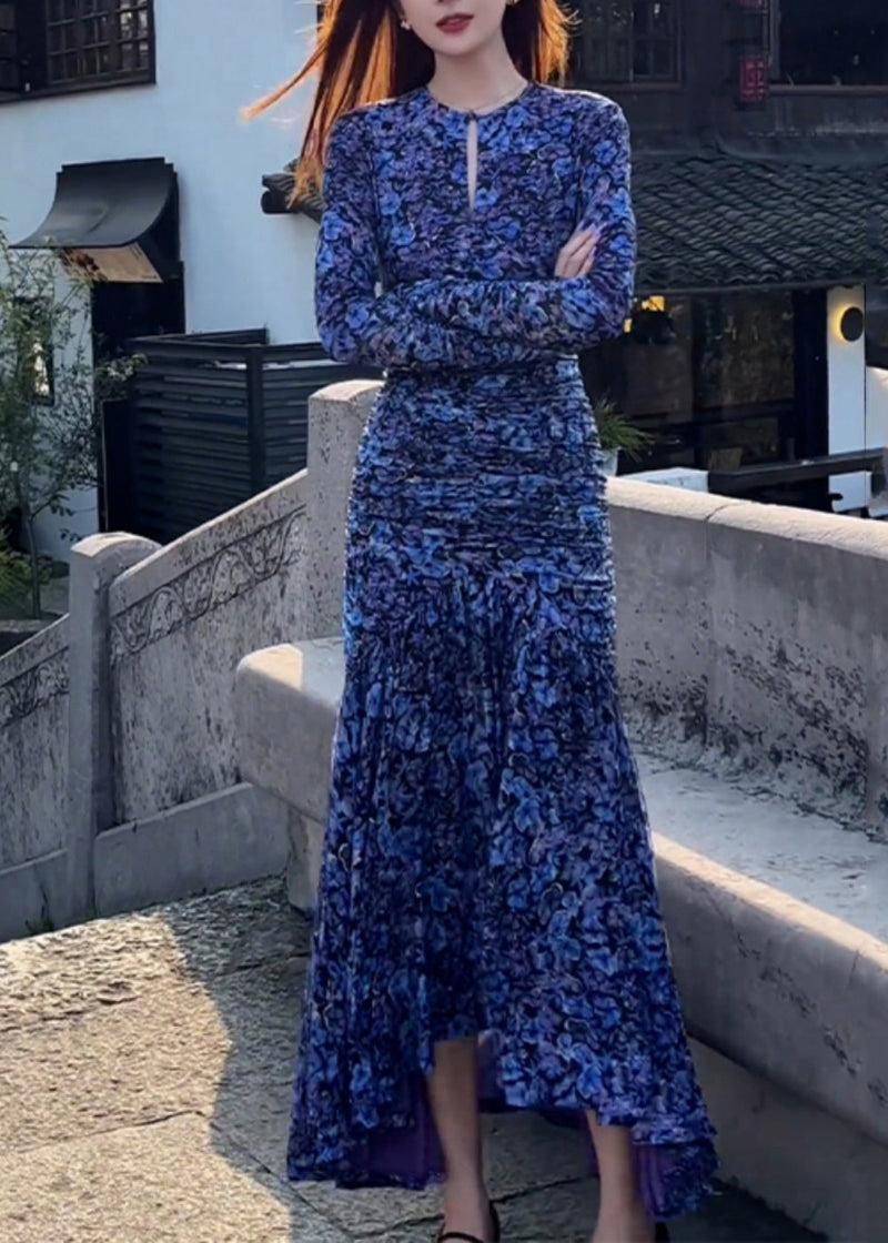 Slim Fit Blue O-neck Print Wrinkled Holiday Maxi Dress Spring