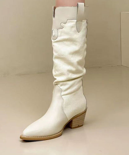 Black Long Boots Splicing Chunky Pointed Toe