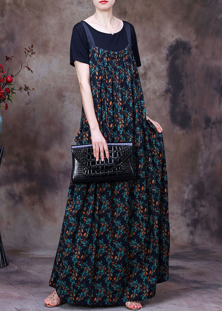 Green Print Pockets Cotton Strap Dress and Tanks Two Pieces Set Summer