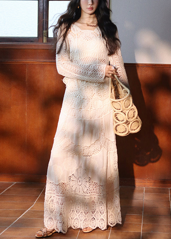 Art Beige Hollow Out Tops and Skirts Lace Two Piece Set Fall