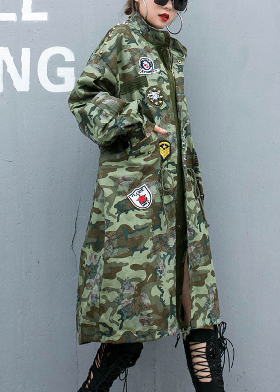 Camouflage Rivet Print Pockets Fall Denim Long Sleeve Trench Coats Coat