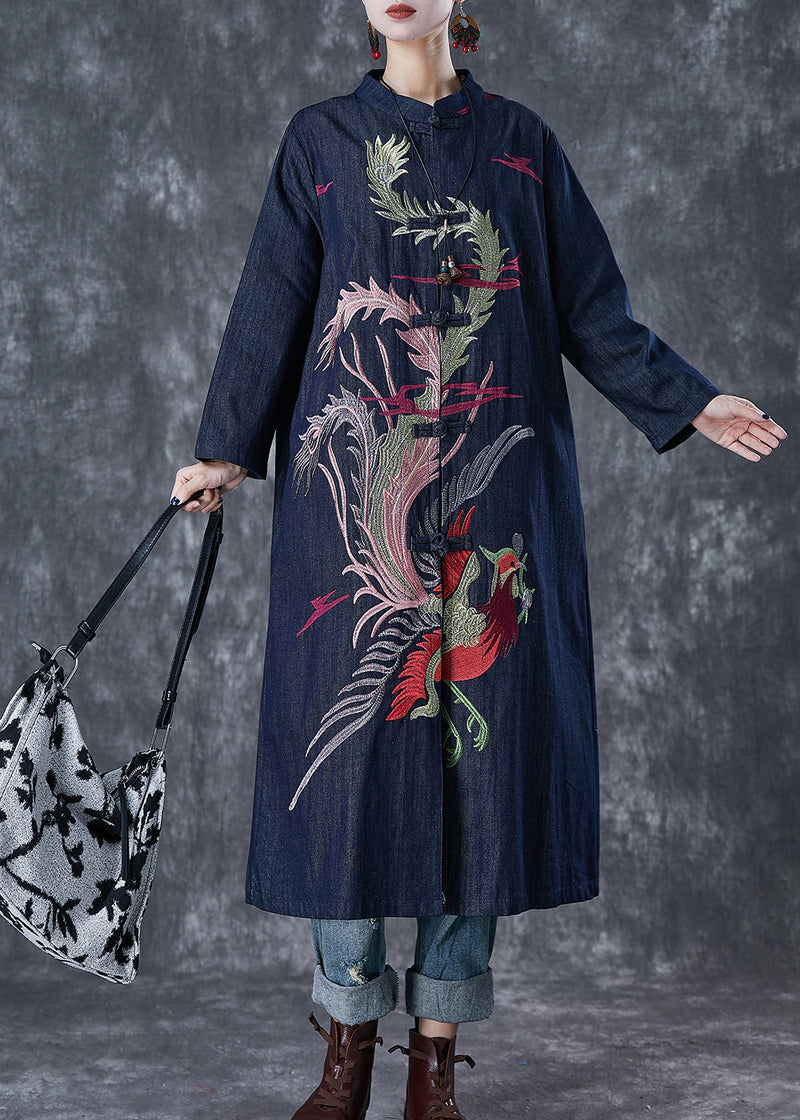 Navy Phoenix Embroideried Chinese Button Denim Trench Fall