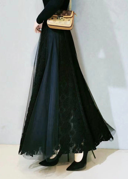 Modern Black High Waist Lace Patchwork Tulle a Line Skirt Spring