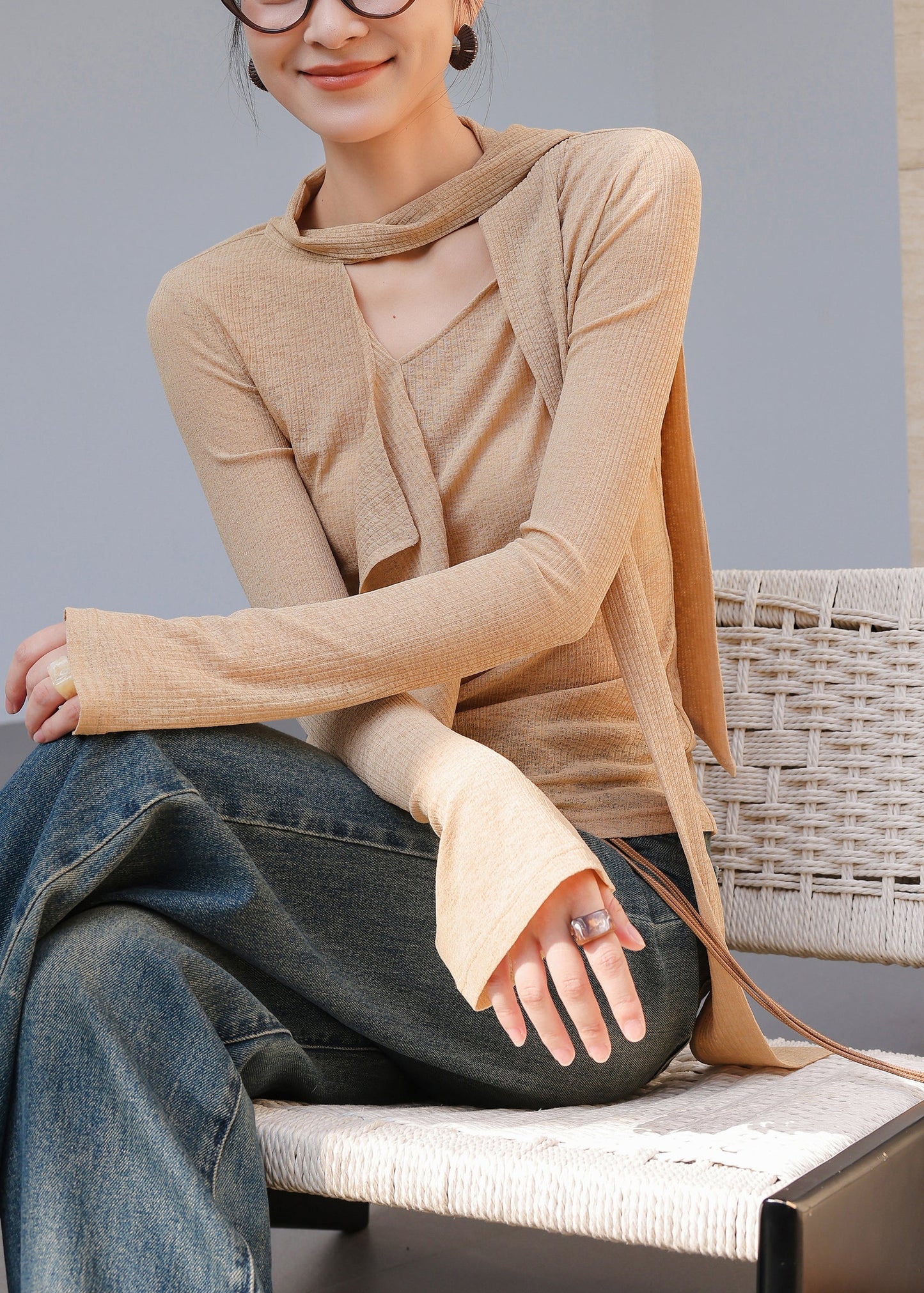 Khaki Asymmetrical Cotton Blouse Top Spring