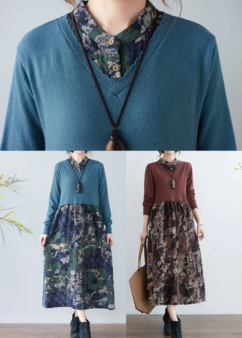 Blue Stand Collar Button Patchwork Long Dresses Long Sleeve