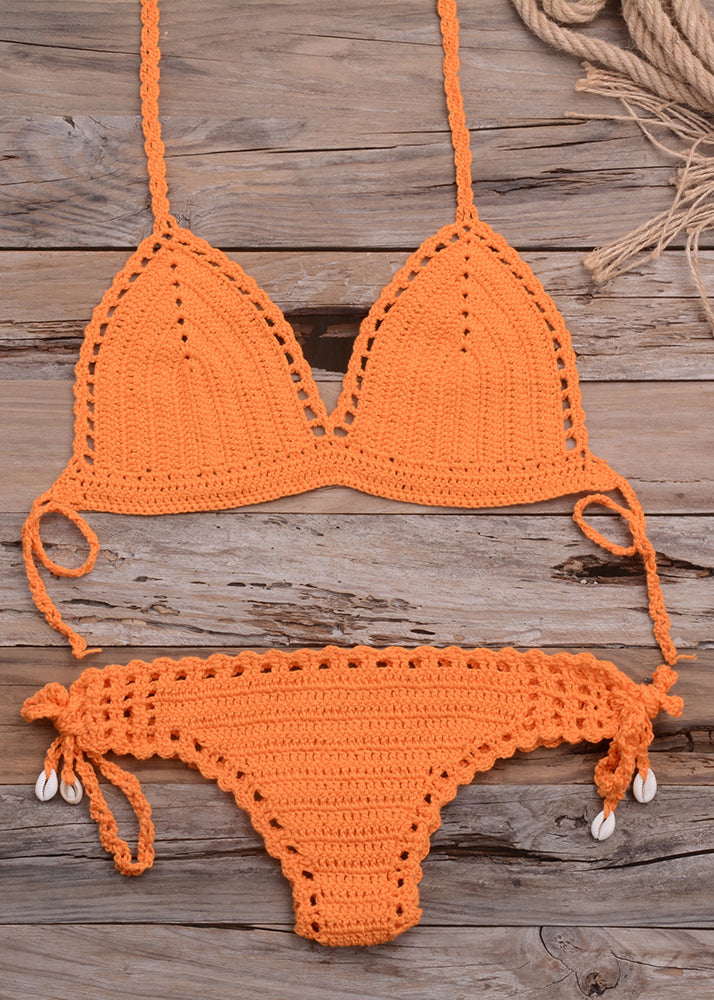 European and American Handmade Blue Hollowed Out Beach Swimwear Set