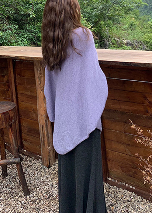 Purple O-neck Knit Sweater Batwing Sleeve