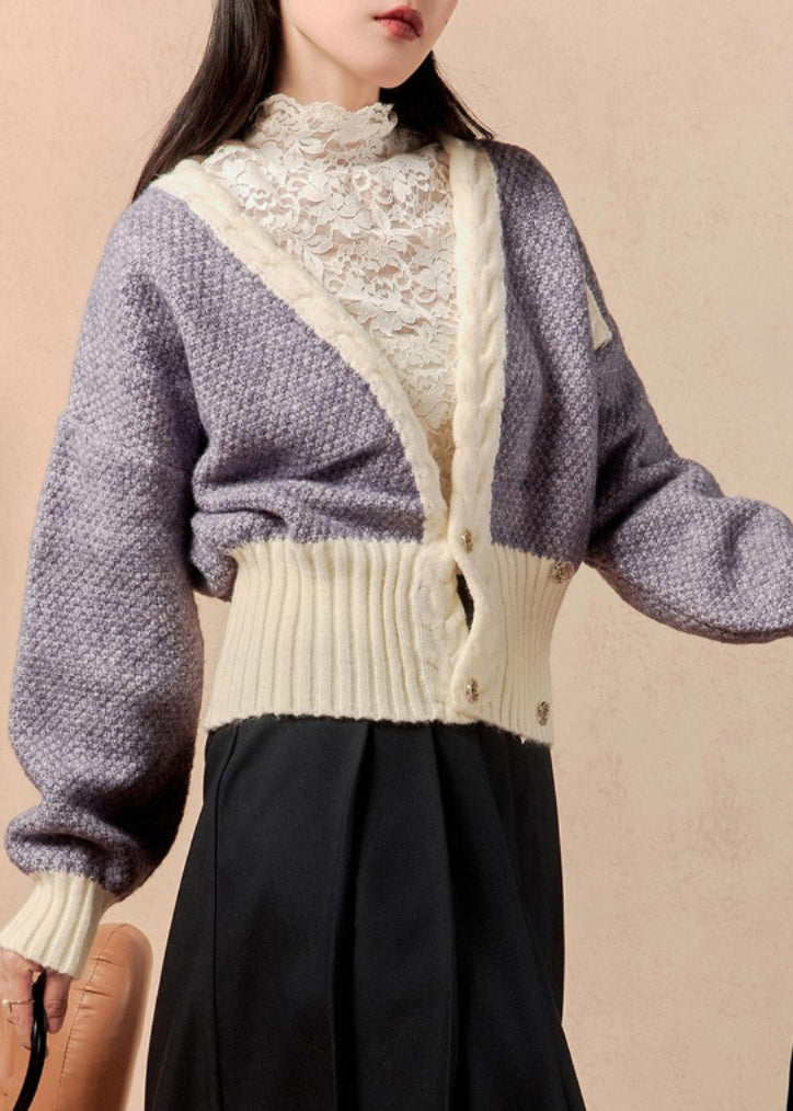 Purple V Neck Button Patchwork Knit Cardigan Winter