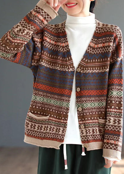 Handmade Yellow Loose V Neck Print Button Fall Knit Cardigan Long Sleeve