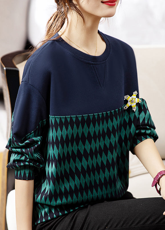Green O Neck Print Patchwork Cotton Sweatshirt Fall
