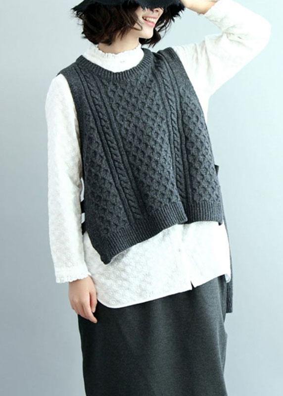 Dark Gray O-neck Side Open Low High Design Fall Knit Vest