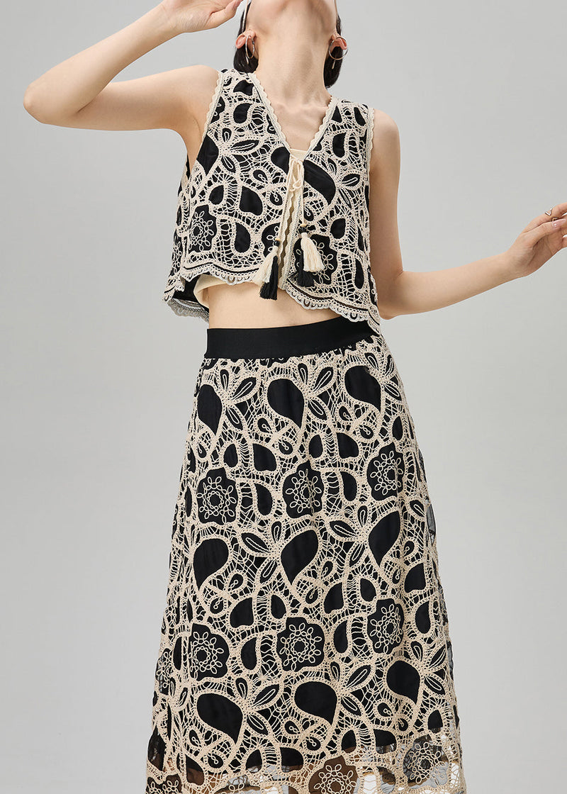 French Black Embroidered Lace Up Tank and Skirts Cotton Two Pieces Set Sleeveless
