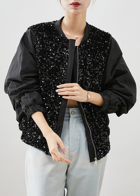 Modern Black Sequins Pocketspatchwork Cotton Jackets Fall