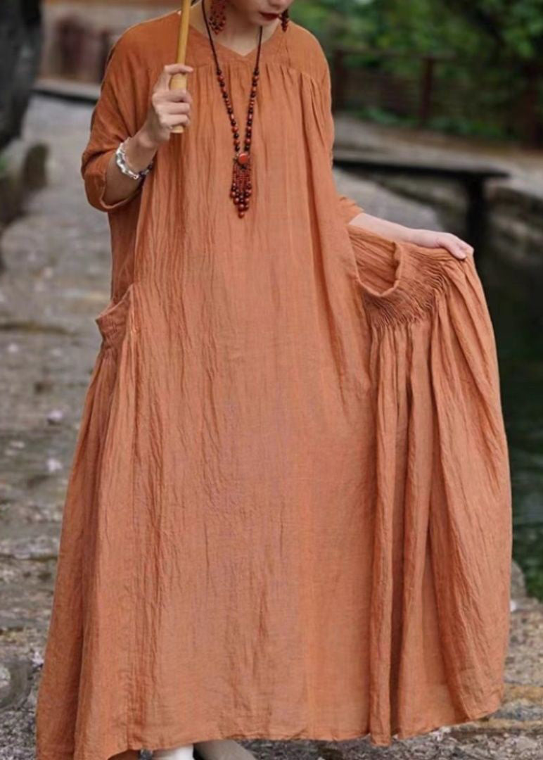 Orange V Neck Pockets Linen Long Dresses Bracelet Sleeve