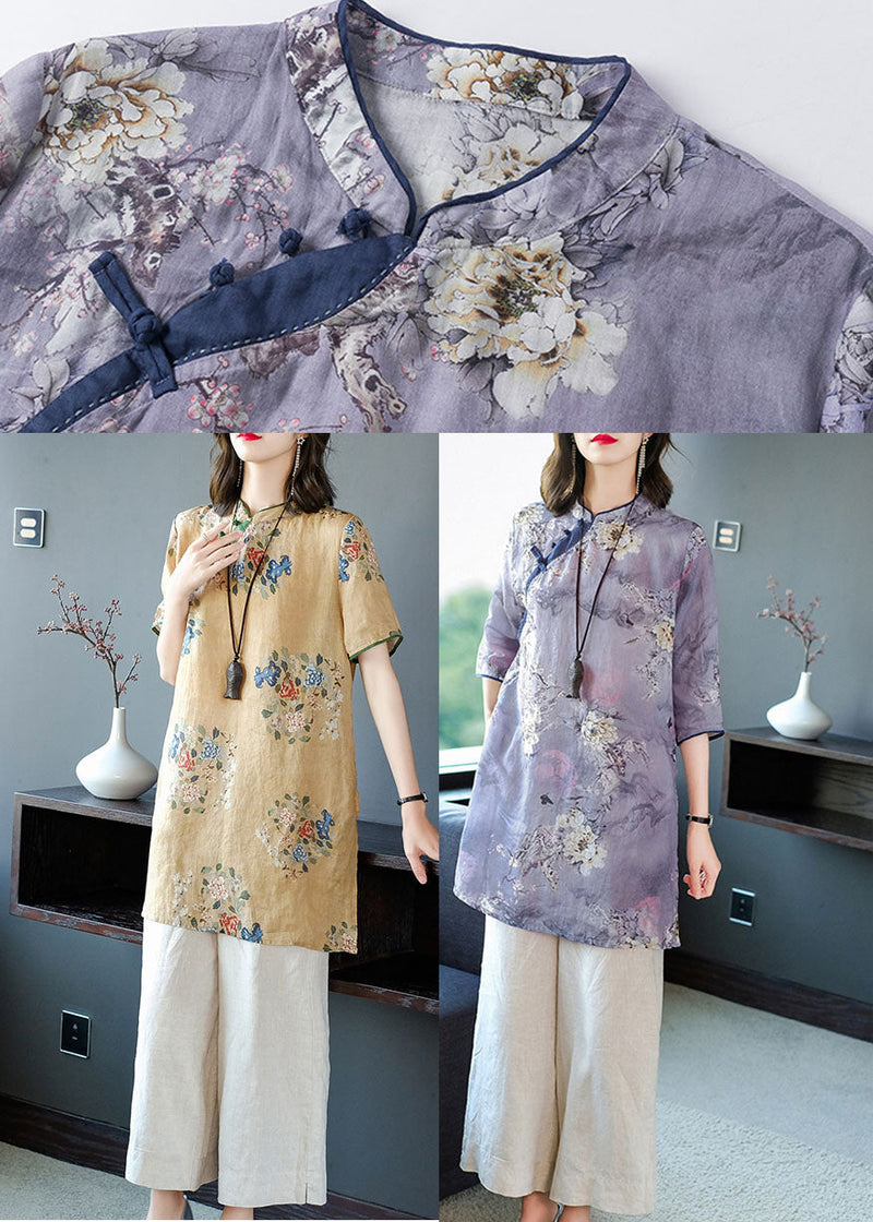 Purple Stand Collar Print Linen Long Shirt Ang Pant Two Piece Set Summer