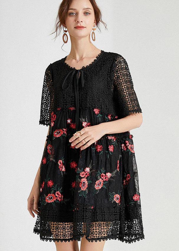 Black O-neck Patchwork Summer Lace Holiday Dress