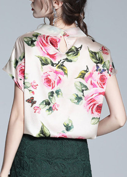 Italian Pink Peter Pan Collar Print Silk Tops Short Sleeve Summer