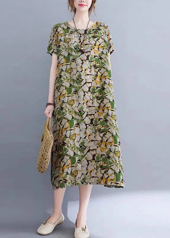 Green O-neck Print Pockets Long Dress Short Sleeve