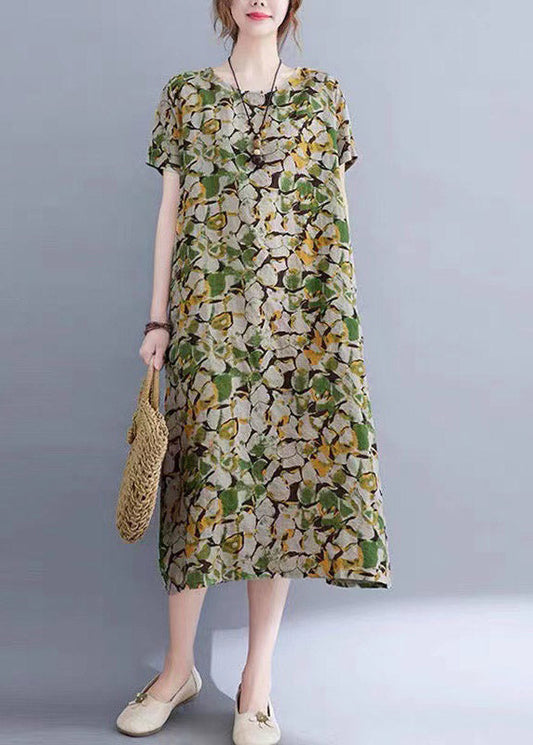 Green O-neck Print Pockets Long Dress Short Sleeve