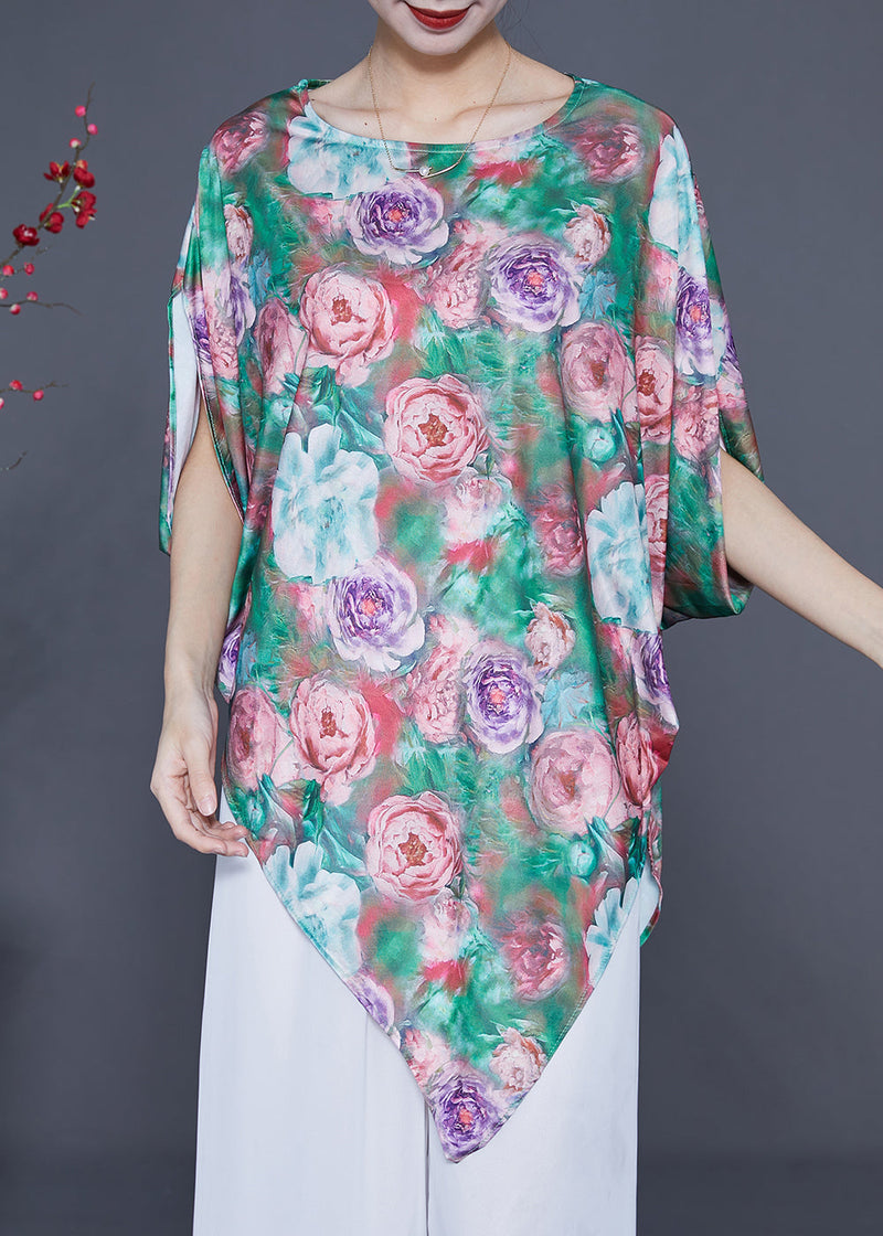 Unique Green Asymmetrical Print Silk Tank Batwing Sleeve