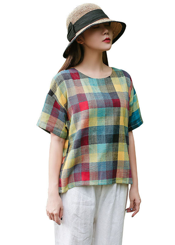 Style Yellow O-neck Plaid Cotton Top Short Sleeve