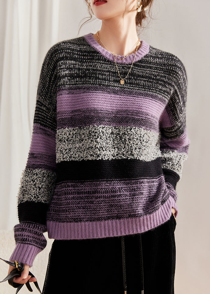 Purple O Neck Patchwork Cozy Cotton Knit Sweaters Fall