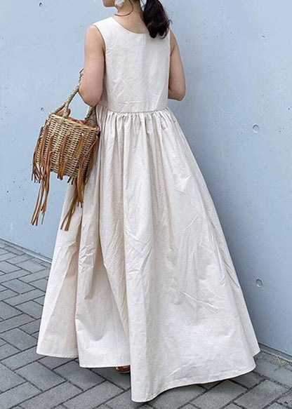 Beige V Neck Patchwork Cotton Holiday Dress Sleeveless