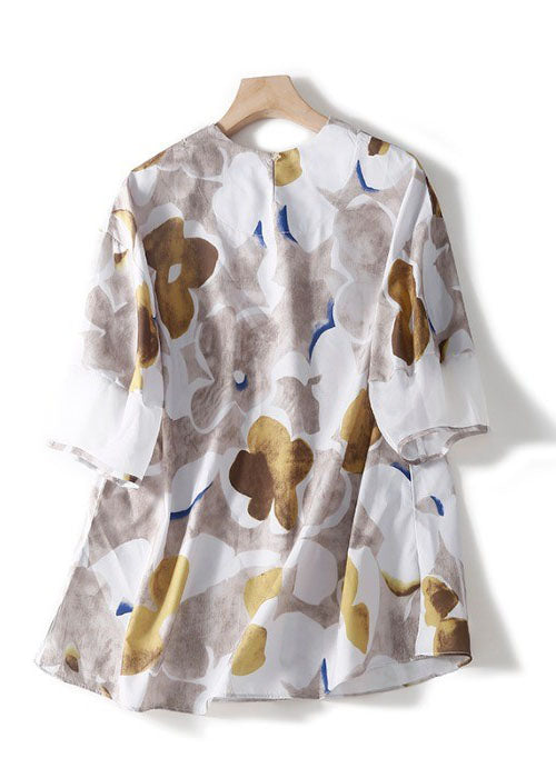 Khaki O-neck Patchwork Side Open Print Linen Blouses Half Sleeve