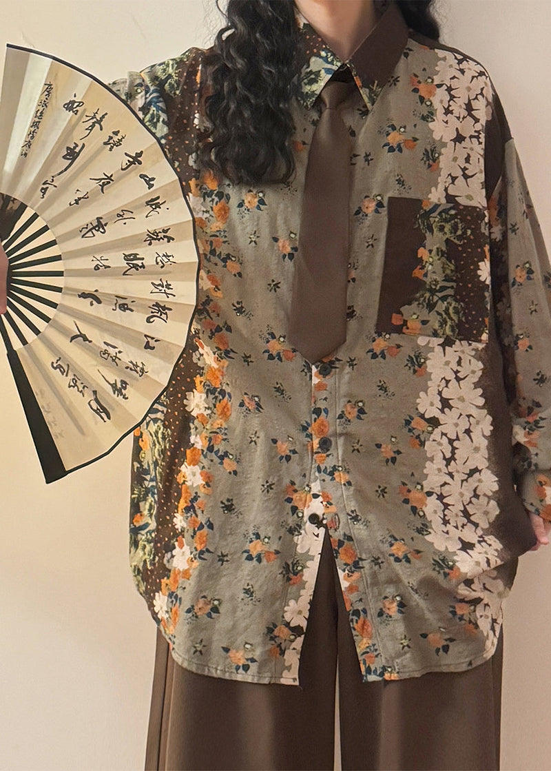 Green Print Button Pockets Cotton Blouses Spring