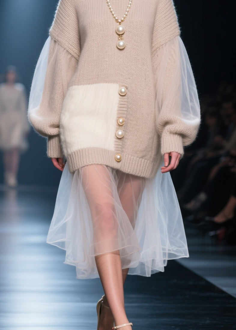 O Neck Tulle Patchwork Knit Long Sweater Fall