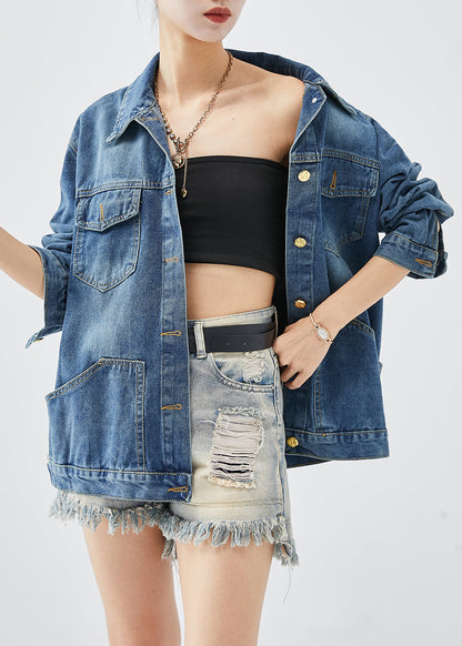 Blue Oversized Pockets Denim Coats Fall