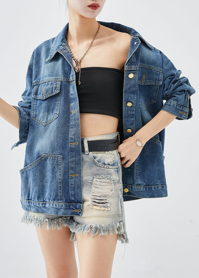 Blue Oversized Pockets Denim Coats Fall