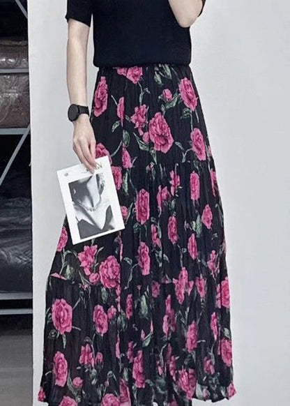 Black Wrinkled Print Patchwork Chiffon Skirts Summer