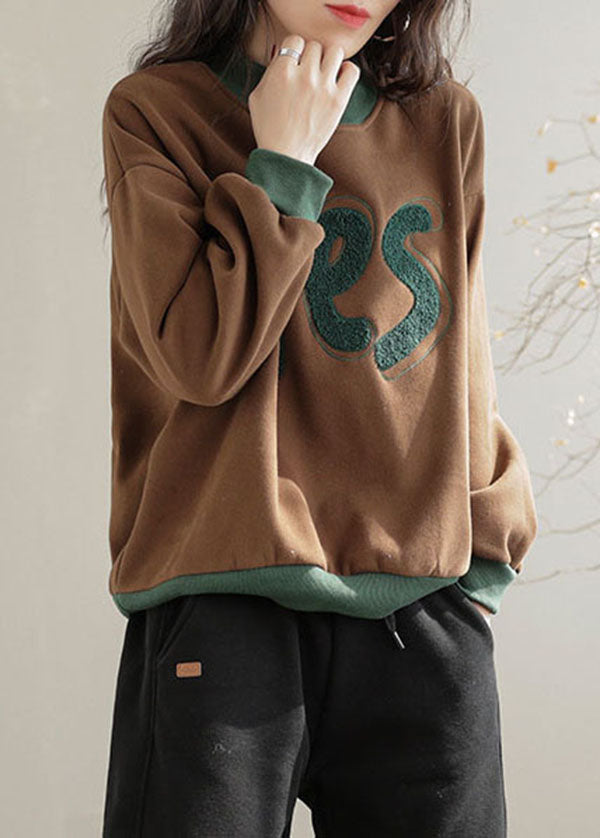 Yellow Embroideried Patchwork Warm Fleece Pullover Sweatshirt Spring