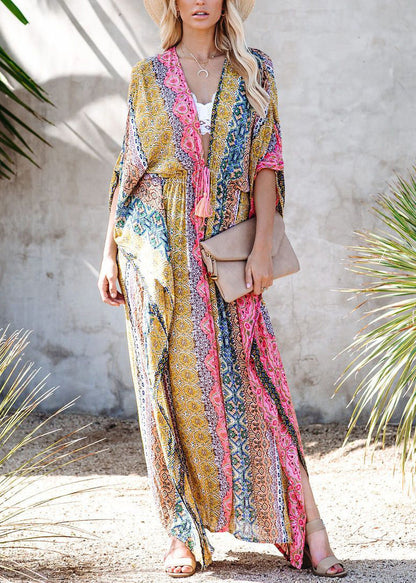 Colorblock V-neck Print Tie Waist Swimwear Long Beach Dress