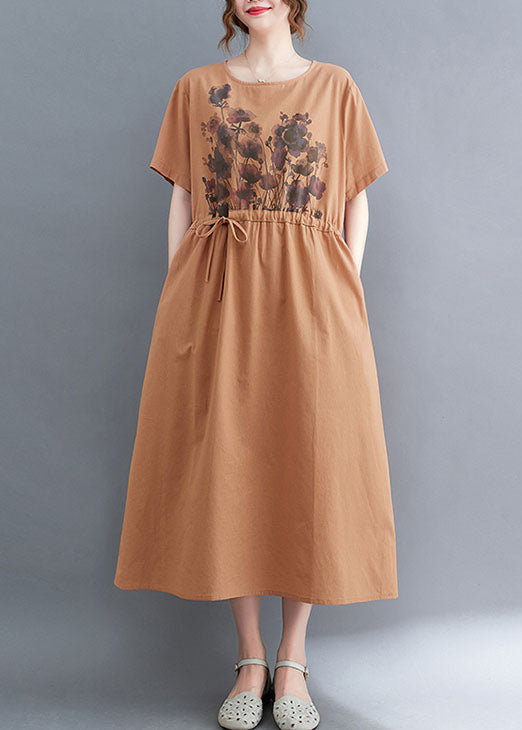Pink Cotton Cinch Dresses O-neck Tie Waist Short Sleeve
