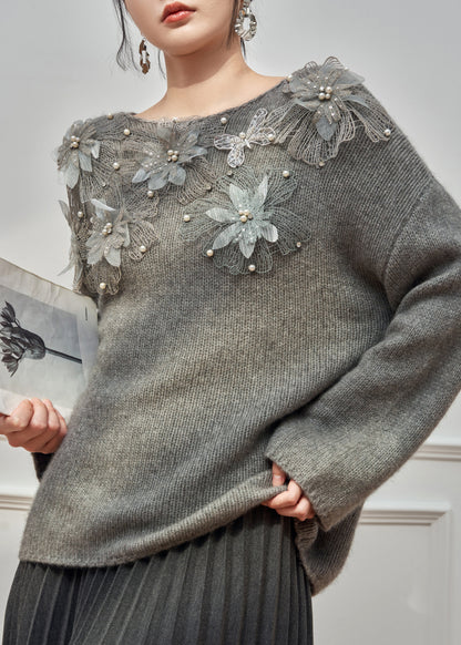 Original Grey O Neck Pearl Knit Cardigan Winter