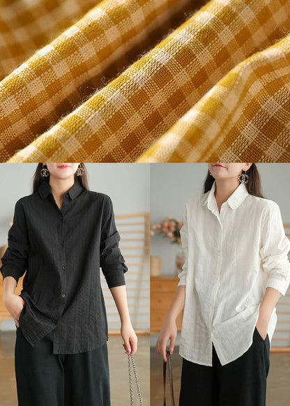 Yellow Plaid Retro Pockets Spring Long Sleeve Blouse Top