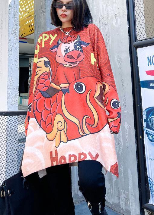 Chunky Red Cartoon Knit Blouse O Neck Knitwear