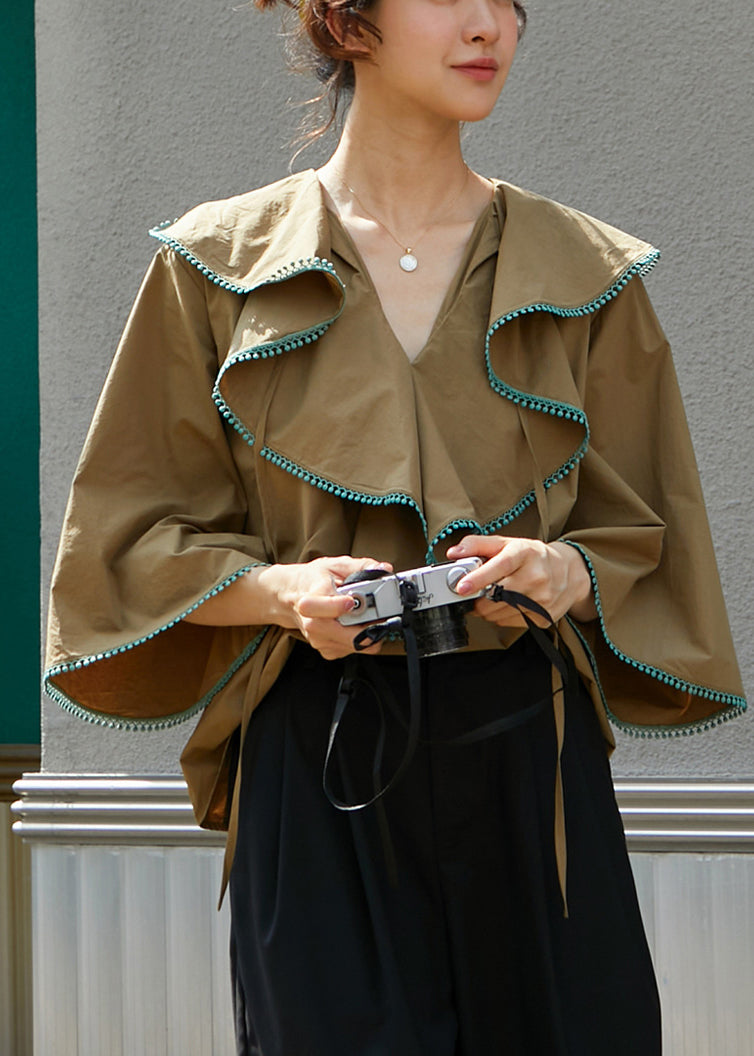 Khaki V Neck Ruffled Patchwork Cotton Shirts Fall