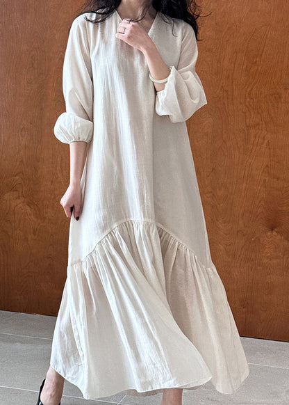 French Apricot V Neck Wrinkled Patchwork Cotton Long Dresses Fall
