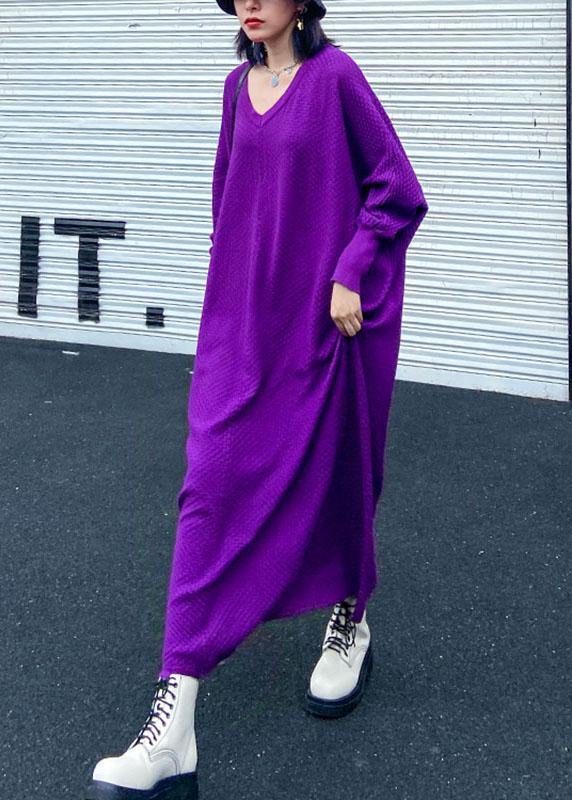 Purple V Neck Loose Fall Vacation Dresses Long Sleeve