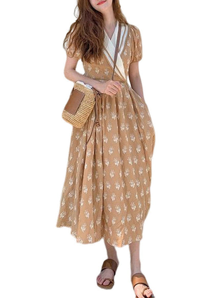 Champagne V Neck Print Wrinkled Cotton Long Dress Summer